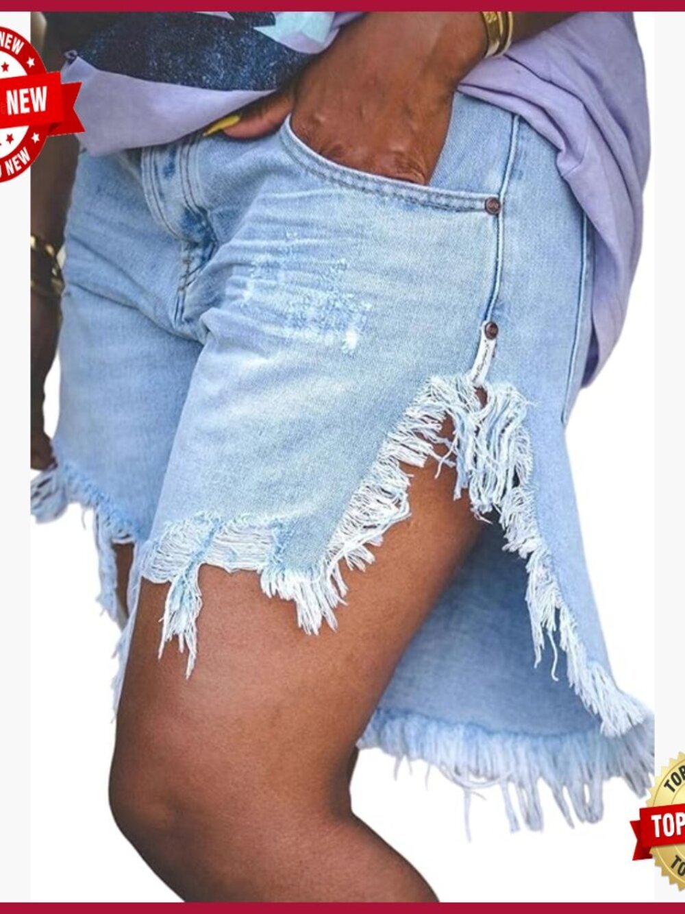 Ripped Denim Shorts High Waisted Long Frayed Side Slit Jean Shorts